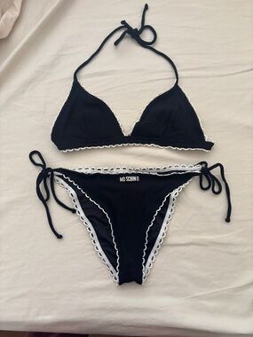 Vintage 2000s Moschino Black Bikini with White Scalloped Trim